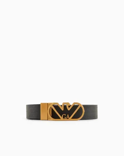 Emporio Armani Reversible Belt In Monogram-print Leather With Eagle Buckle In Black