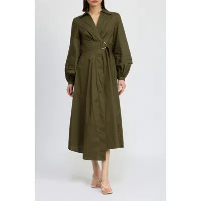 En Saison Berenger Long Sleeve Wrap Cotton Shirtdress In Olive