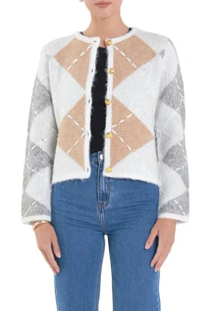 English Factory Argyle Crop Cardigan In White