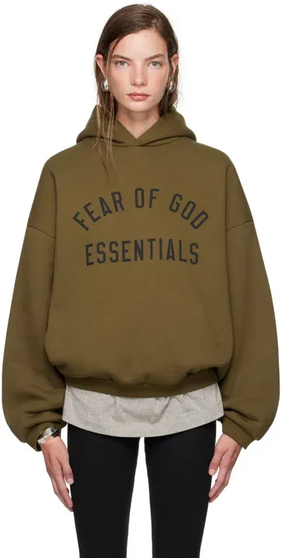 Essentials Khaki Printed Logo Hoodie In Green