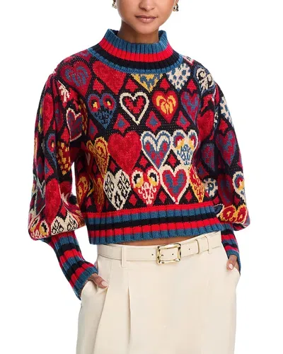 Farm Rio Hearts Ikat Rib Knit Sweater In Hearts Ikat Black