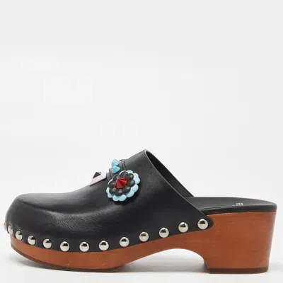 Pre-owned Fendi Black Leather Embellished Clogs Size 38.5