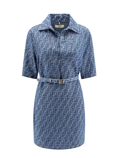 Fendi Ff Jacquard Belted Denim Dress In Blue