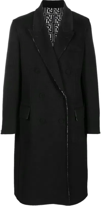 Fendi Woven Wool Coat In Black