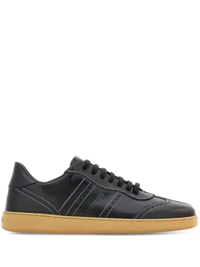 Ferragamo Logo-debossed Leather Sneakers In Black