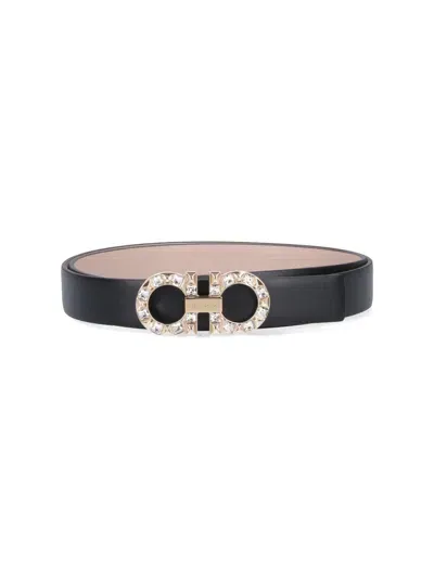 Ferragamo Reversible Belt With "gancini" Rhinestones In Black