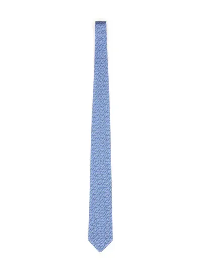 Ferragamo Tie With Gancini Print In Azure