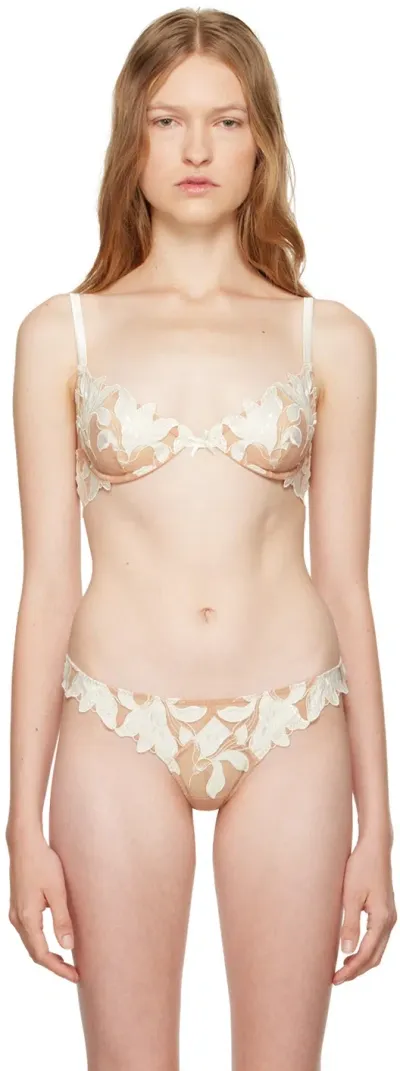 Fleur Du Mal Beige & White Lily Embroidery Plunge Demi Bra In 0300 Ivory