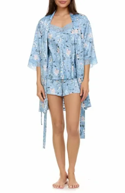 Flora Nikrooz Sabrina Floral Print Satin Short Pajamas & Robe Set In Blue