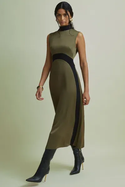 Florere Colourblock Hybrid Knit Midi Dress In Khaki