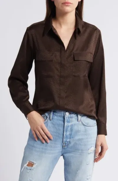 Frame Snake Print Satin Button-up Shirt In Espresso