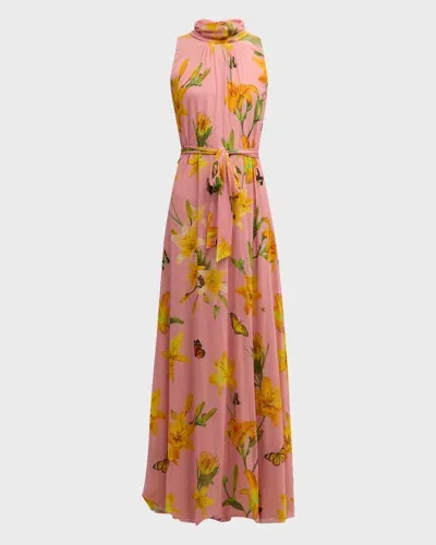 Fuzzi Floral-print Turtleneck Tulle Maxi Dress In Multi