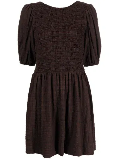 Ganni Striped Smocked Mini Dress In Brown