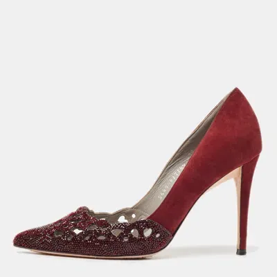 Pre-owned Gina Burgundy Suede Crystal Embellished Pointed Toe Pumps Size 37