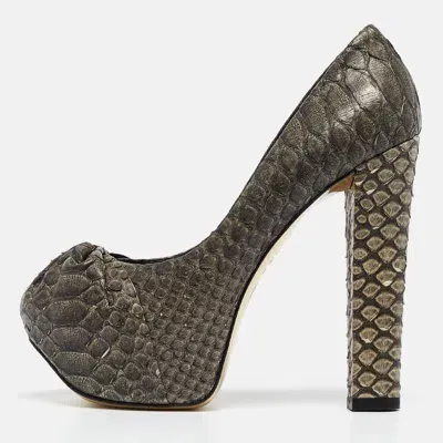 Pre-owned Gina Dark Grey Python Leather Elle Platform Pumps Size 39.5