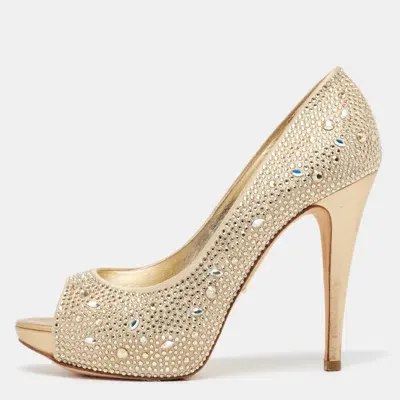 Pre-owned Gina Gold Crystal Embellished Satin Platform Open Toe Pumps Size 39