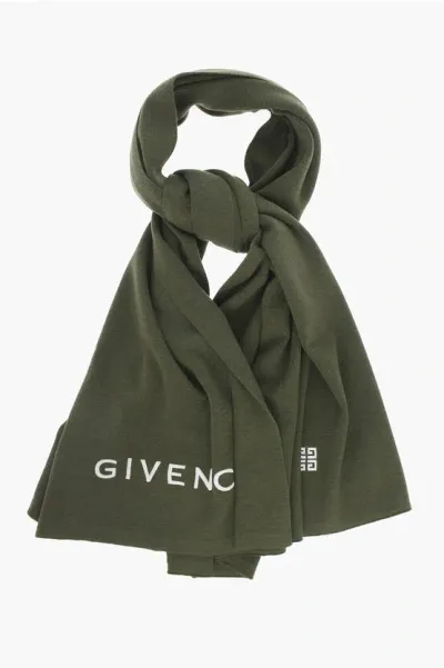 Givenchy Wool Maxi Scarf With Embroidery Logo In Green