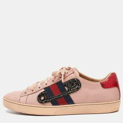 Pre-owned Gucci Pink Leather Ace Web Crystal Embellished Low Top Sneakers Size 36