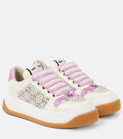 Gucci Screener Embellished Leather Sneakers In 9141 - Off Wh/ Osw-cam/ Cm