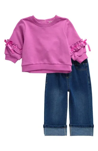 Habitual Babies'  Kids Ruffle Trim French Terry Sweatshirt & Roll Cuff Knit Jeans Set In Pink