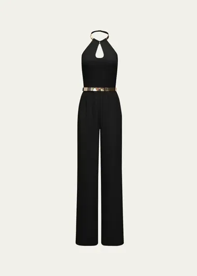 Halston Oki Cutout Stretch Crepe Halter Jumpsuit In Black