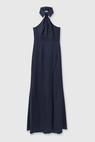 Halston Satin Halter Neck Maxi Dress In Navy