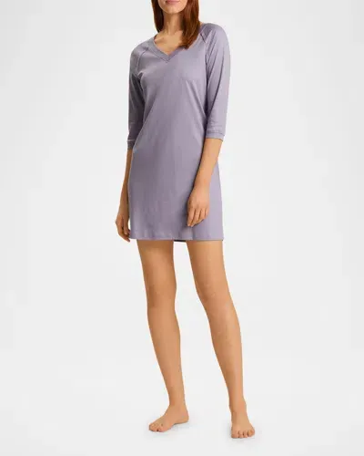 Hanro Pure Essence Raglan Three-quarter Sleeve Cotton Short Gown In Lavender