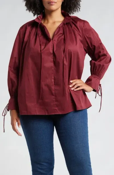 Harshman Audrey Tie Detail Cotton Pullover Top In Burgundy