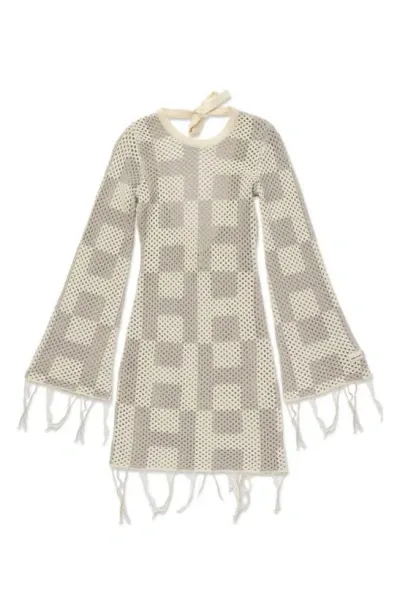 Honor The Gift Long Sleeve Openwork Mini Sweater Dress In Stone