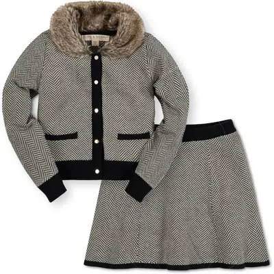 Hope & Henry Girls' Faux Fur Cardigan And Skirt Sweater Set, Kids In Charcoal And Ivory Herringbone