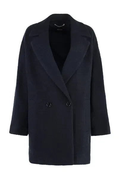 Hugo Boss Formal Coat In Boiled Fabric With Virgin Wool In Dark Blue