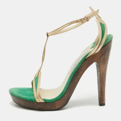 Pre-owned Jimmy Choo Green/gold Suede And Leather T-bar Ankle Strap Sandals Size 39