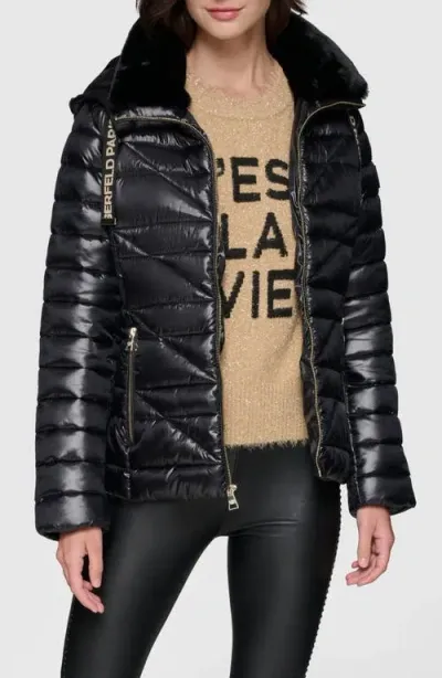 Karl Lagerfeld Paris Faux Fur Collar Quilted Puffer Jacket In Black