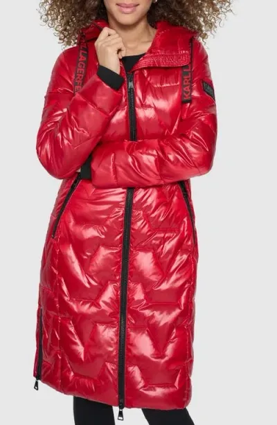 Karl Lagerfeld Paris Zigzag Hooded Puffer Coat In Red