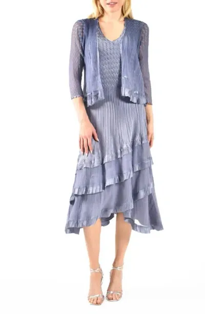 Komarov Tiered Charmeuse & Chiffon Dress & Jacket In Purple Sage Blue Omb