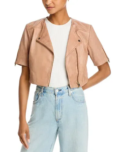 Lamarque Cropped Short Sleeve Biker Jacket In Camel