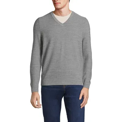 Lands' End Long Sleeve Washable Merino Wool V Neck Sweater In Pewter Heather