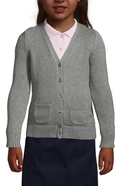 Lands' End Kids'  School Uniform Girls Cotton Modal Button Front Cardigan Sweater In Pewter Heather