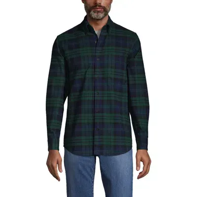 Lands' End Traditional Fit Flagship Flannel Shirt In Evergreen Blackwatch Plaid