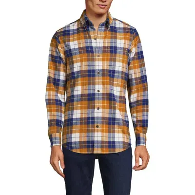 Lands' End Traditional Fit Flagship Flannel Shirt In Golden Cumin/blue Plaid