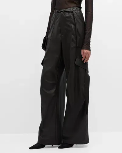 Lapointe Faux Leather Belted Wide-leg Utility Pants In Black