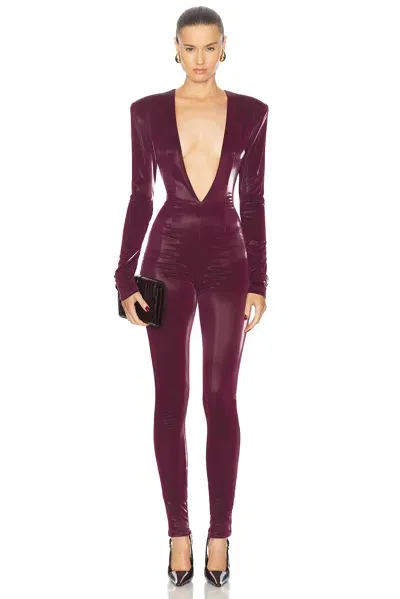 Laquan Smith Long Sleeve Plunging Jumpsuit In Oxblood