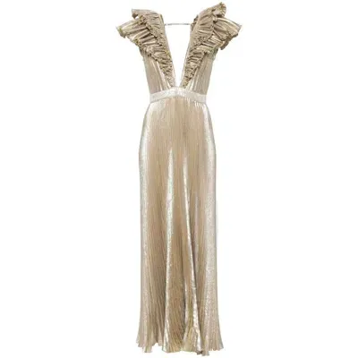 L'idée Tuileriés Plissé Metallic Maxi Dress In Gold