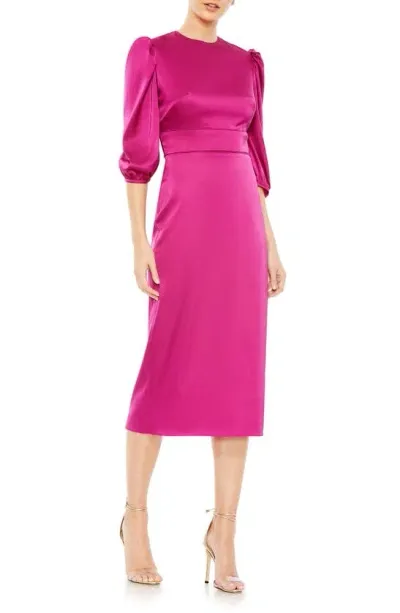 Mac Duggal Puff Sleeve Satin Midi Cocktail Dress In Fuchsia