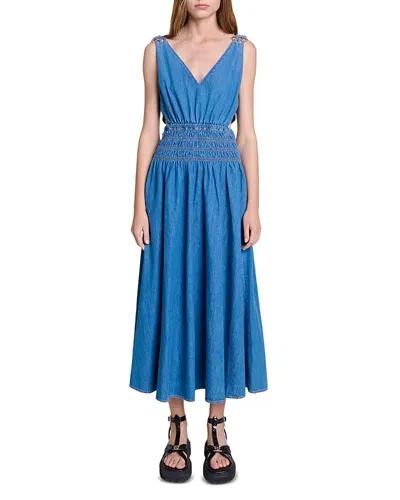 Maje Runim Cutaway Denim Maxi Dress In Blue Jean