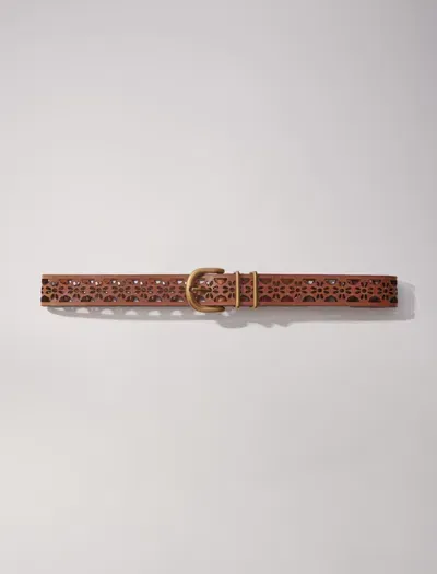 Maje Leather Belt With Flower Detail In Camel