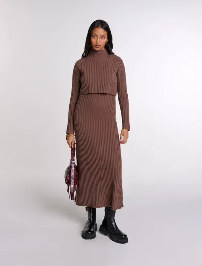 Maje Layered Wool Set Dress In Brown