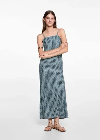 Mango Teen Printed Long Dress Petrol Blue