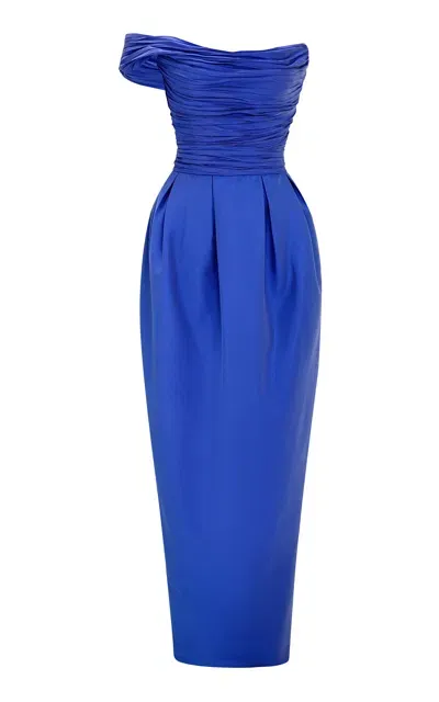 Marmar Halim Column Pleated Taffeta Gown In Blue