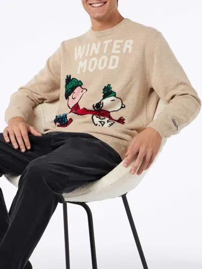 Mc2 Saint Barth Man Crewneck Sweater With Snoopy And Charlie Jacquard Print Snoopy - ©peanuts Special Edition In Brown